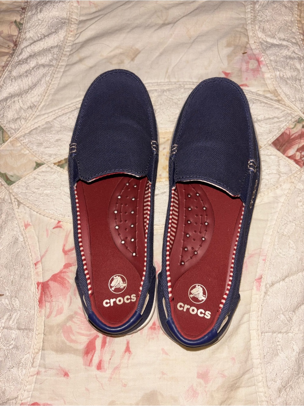 CROCS Navy Canvas Slip-On Loafers with Red Insole